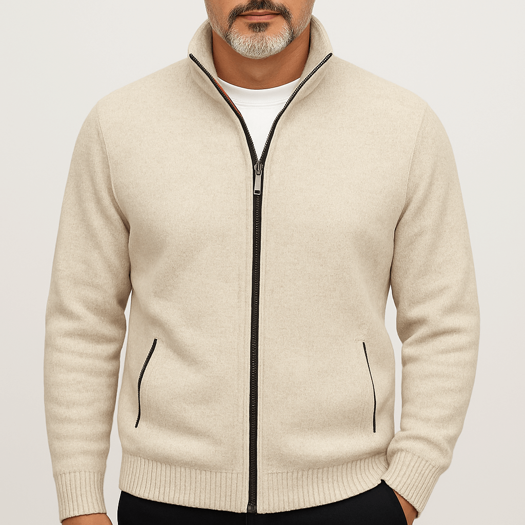 Adam | High Collar Zip-Up Knit Cardigan