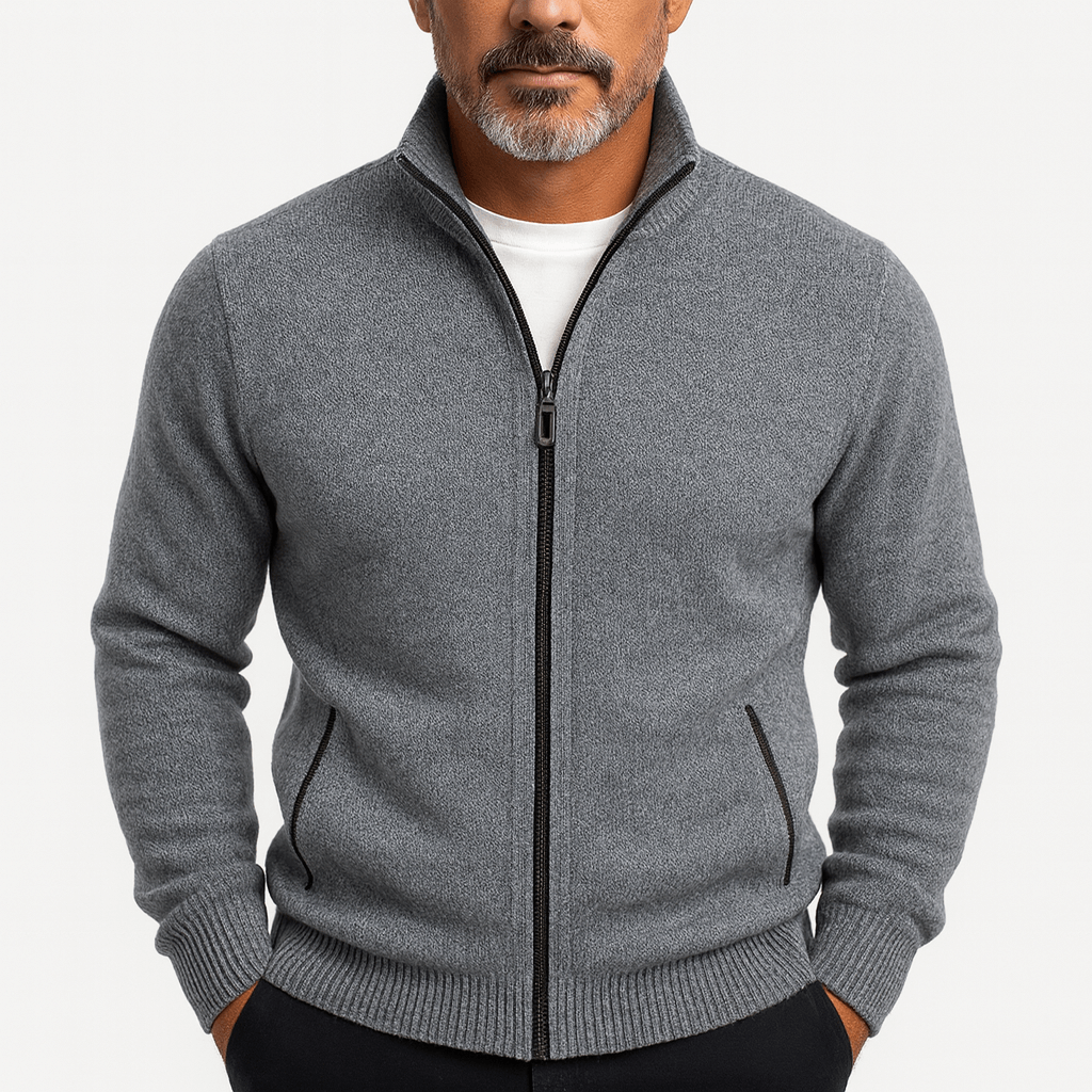 Adam | High Collar Zip-Up Knit Cardigan