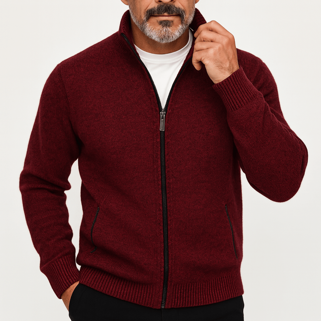 Adam | High Collar Zip-Up Knit Cardigan