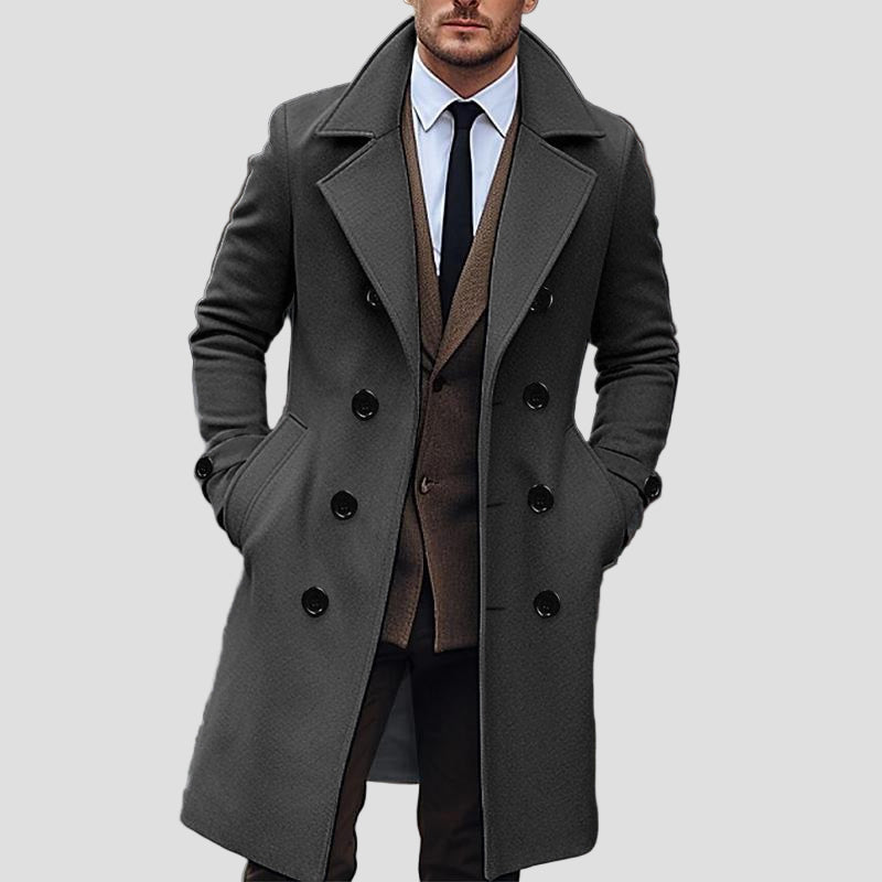 Porter | Solid Notch Lapel Double-Breasted Long Coat