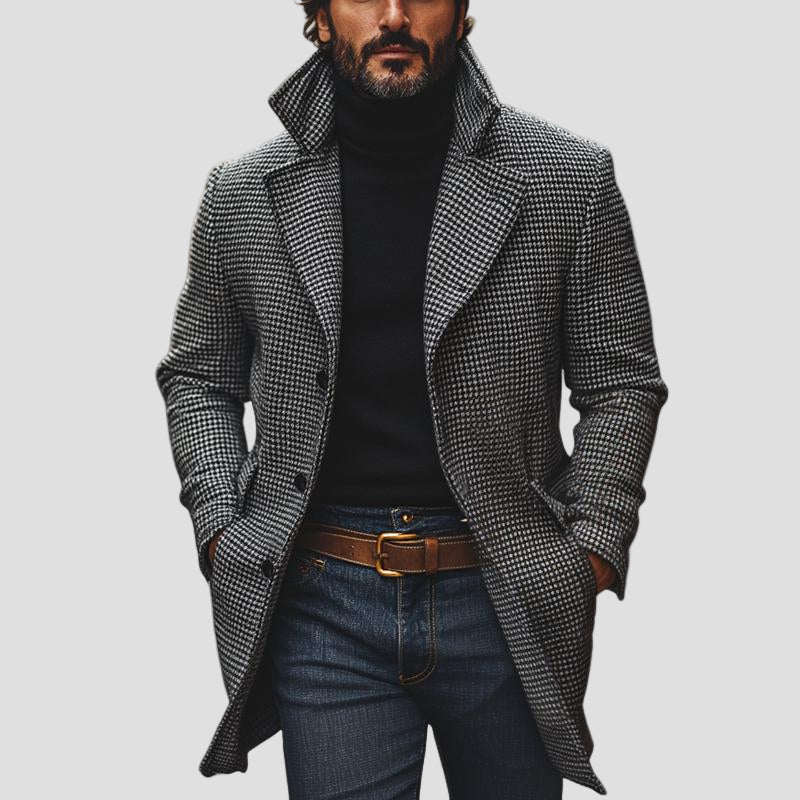 Lawson | Classic Houndstooth Notch Lapel Single-Breasted Mid-Length Coat