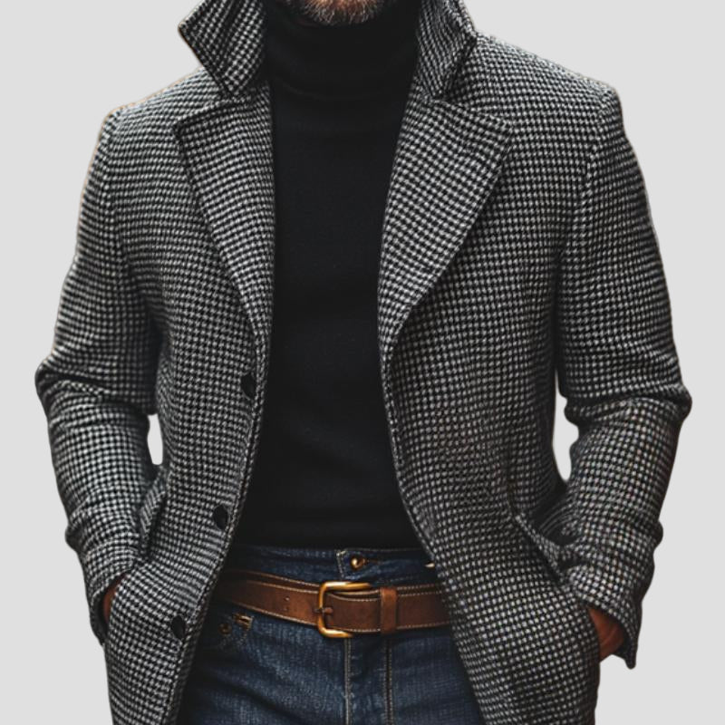 Lawson | Classic Houndstooth Notch Lapel Single-Breasted Mid-Length Coat