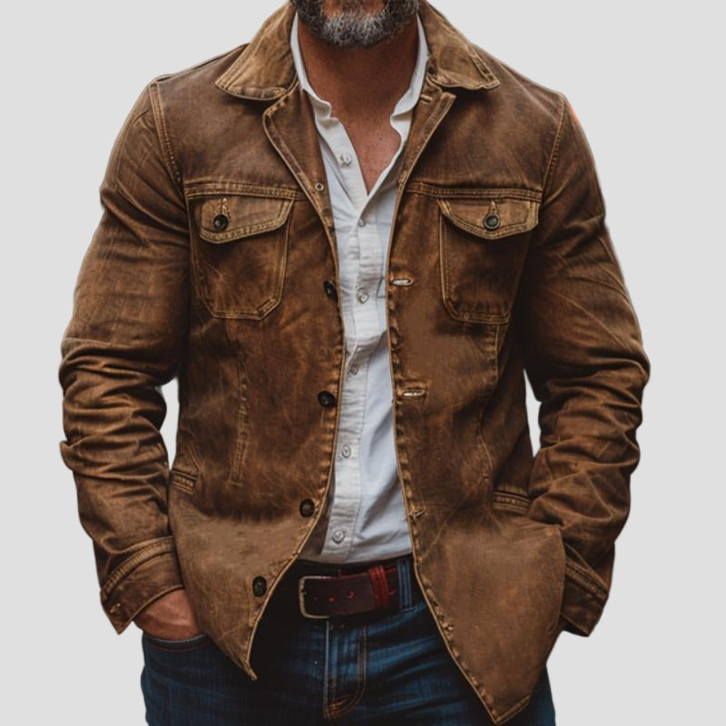 Langston | Vintage Heavy Washed Leather Lapel Multi-Pocket Work Jacket