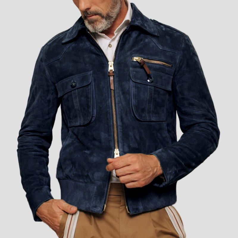 Calder | Retro Lapel Zipper Breast Pocket Suede Jacket