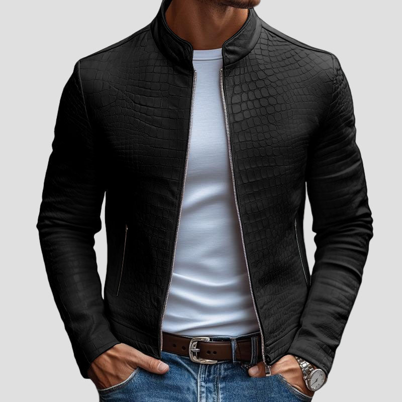Grady | Fashion Stone Pattern Stand Collar Slim Fit Leather Jacket