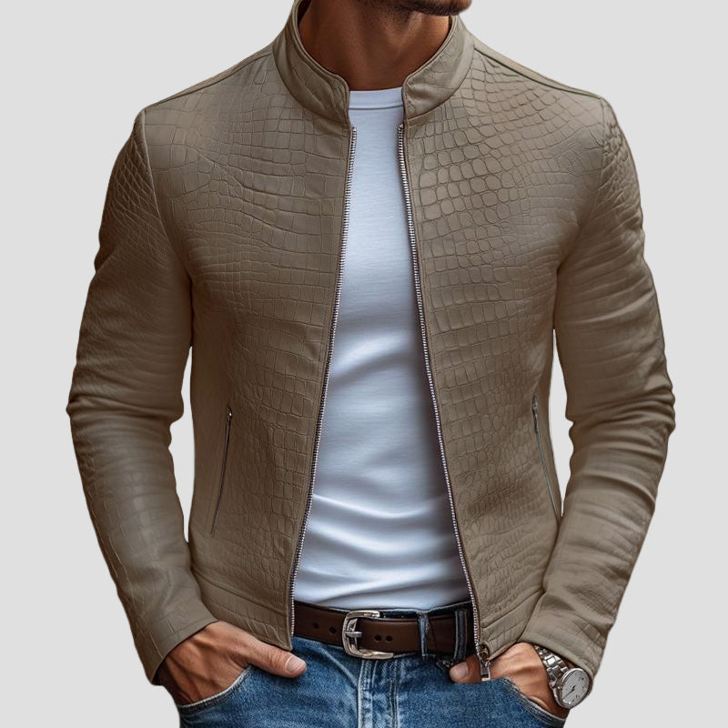 Grady | Fashion Stone Pattern Stand Collar Slim Fit Leather Jacket