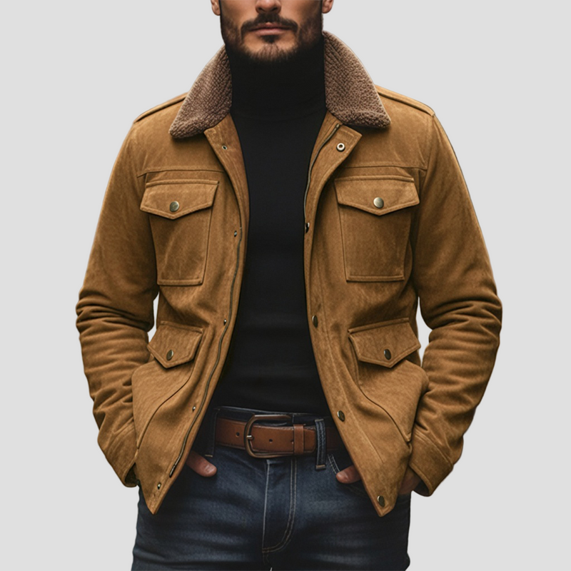 Briggs | Vintage Suede Fleece Collar Patchwork Multi-Pocket Zipper Coat