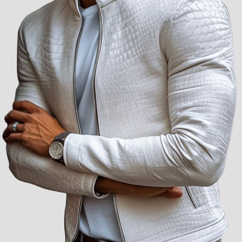 Grady | Fashion Stone Pattern Stand Collar Slim Fit Leather Jacket