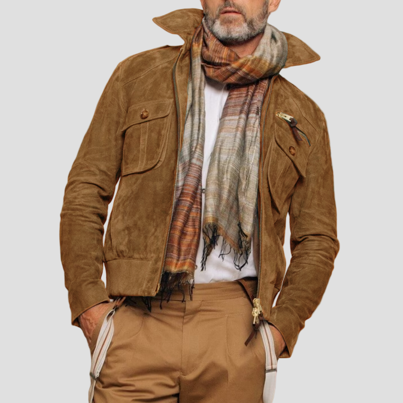 Calder | Retro Lapel Zipper Breast Pocket Suede Jacket