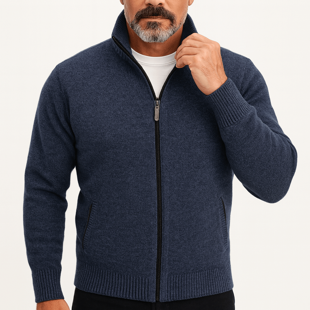 Adam | High Collar Zip-Up Knit Cardigan