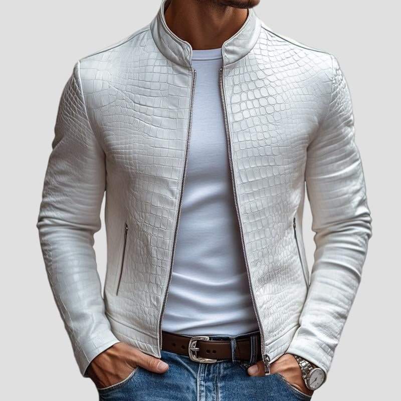 Grady | Fashion Stone Pattern Stand Collar Slim Fit Leather Jacket