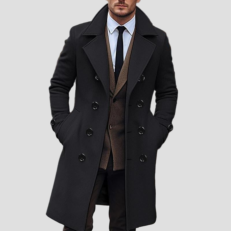 Porter | Solid Notch Lapel Double-Breasted Long Coat