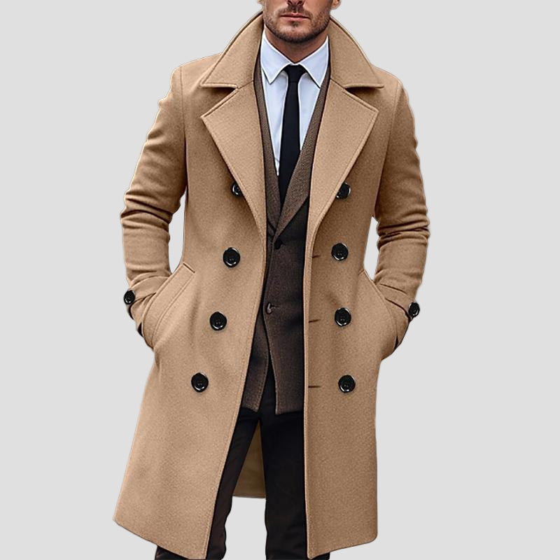 Porter | Solid Notch Lapel Double-Breasted Long Coat